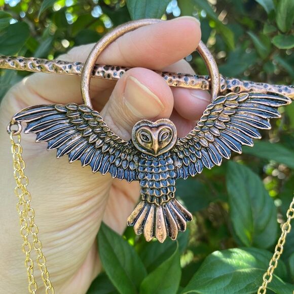 Bohemian Bronze Owl Hairpin with chain accent engraved detailing NEW - Picture 1 of 8
